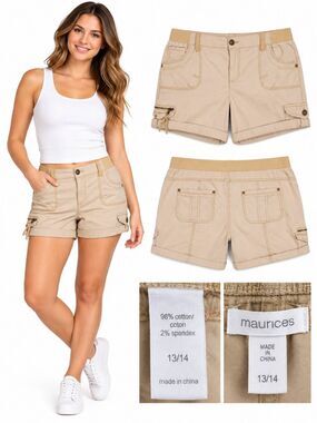 Maurices Women’s Tan Cargo Shorts Size 13/14 Stretch Cotton Utility Pockets